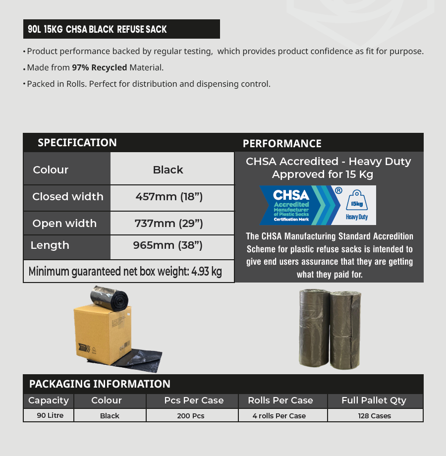 90L Heavy-Duty (Black) Refuse Sacks – 200 Per Case | CHSA Certified | 15kg Capacity