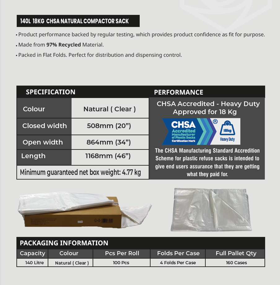 140L Natural (Clear) Compactor Sacks – 100 per Case | CHSA Certified | 18kg Capacity
