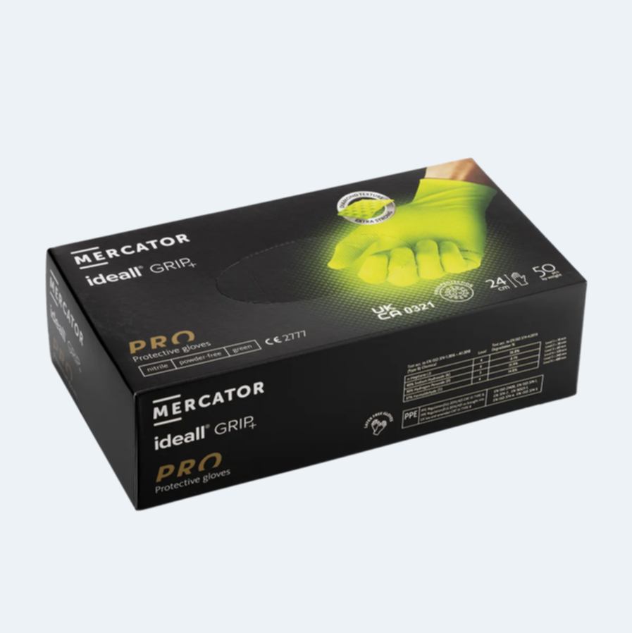 Mercator Ideall GRIP+ 3 BOXES - Premium Diamond Grip Nitrile Gloves | Sizes M, L, XL | Black • Orange • Green