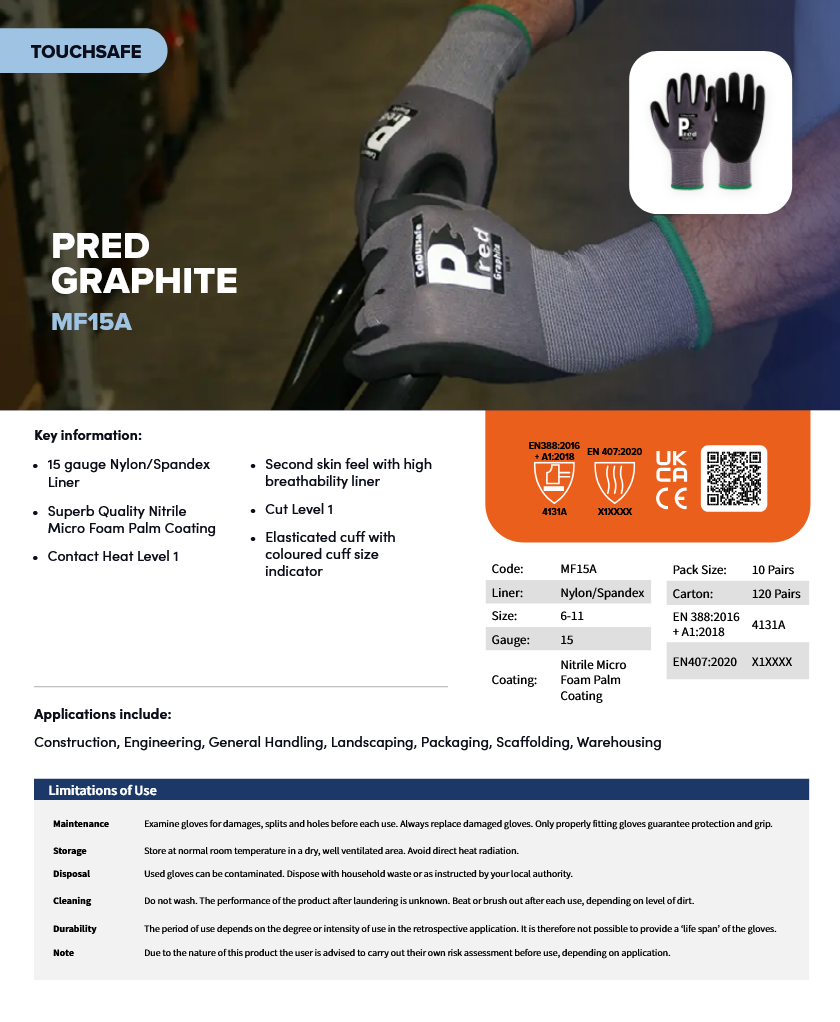 (1) Predator GRAPHITE 15g Precision Worker | Nitrile Foam Coated Gloves
