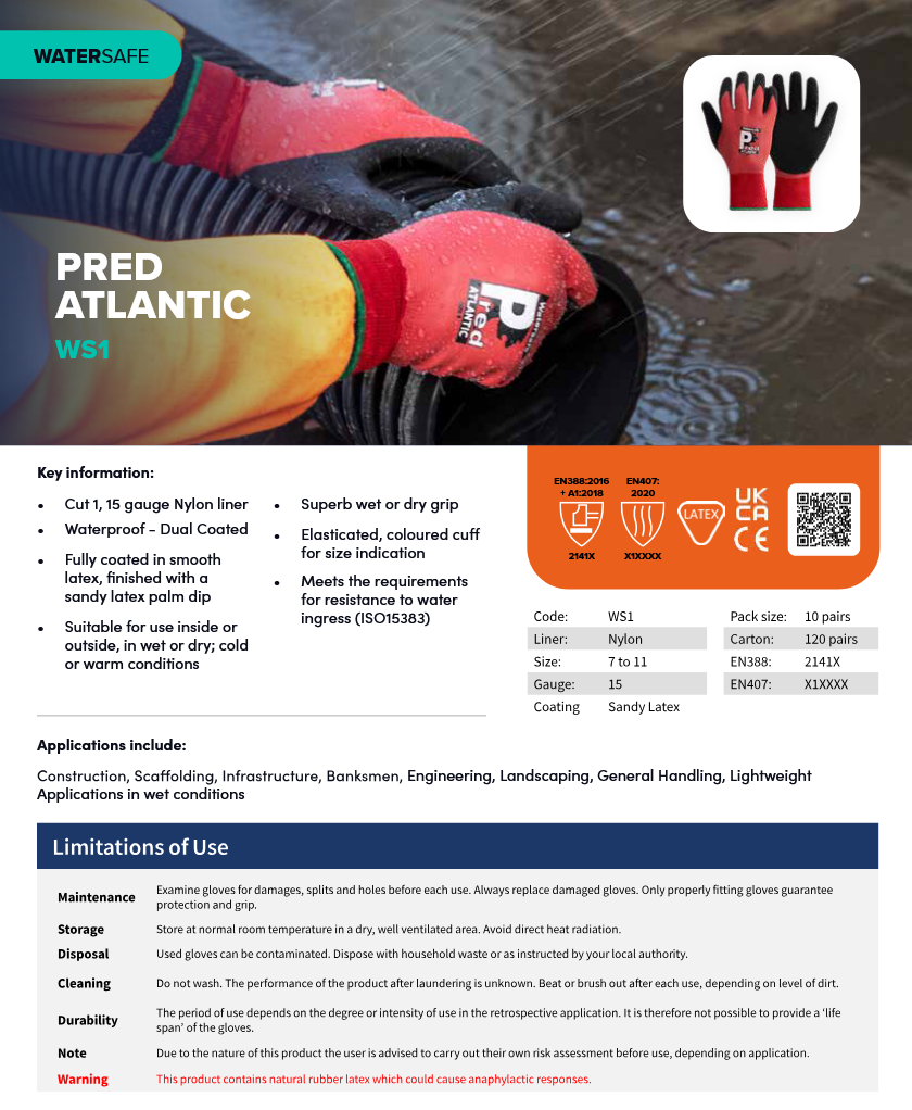 (1) Predator ATLANTIC 15g Outdoor Industrial & Waterproof | Latex Coated Gloves