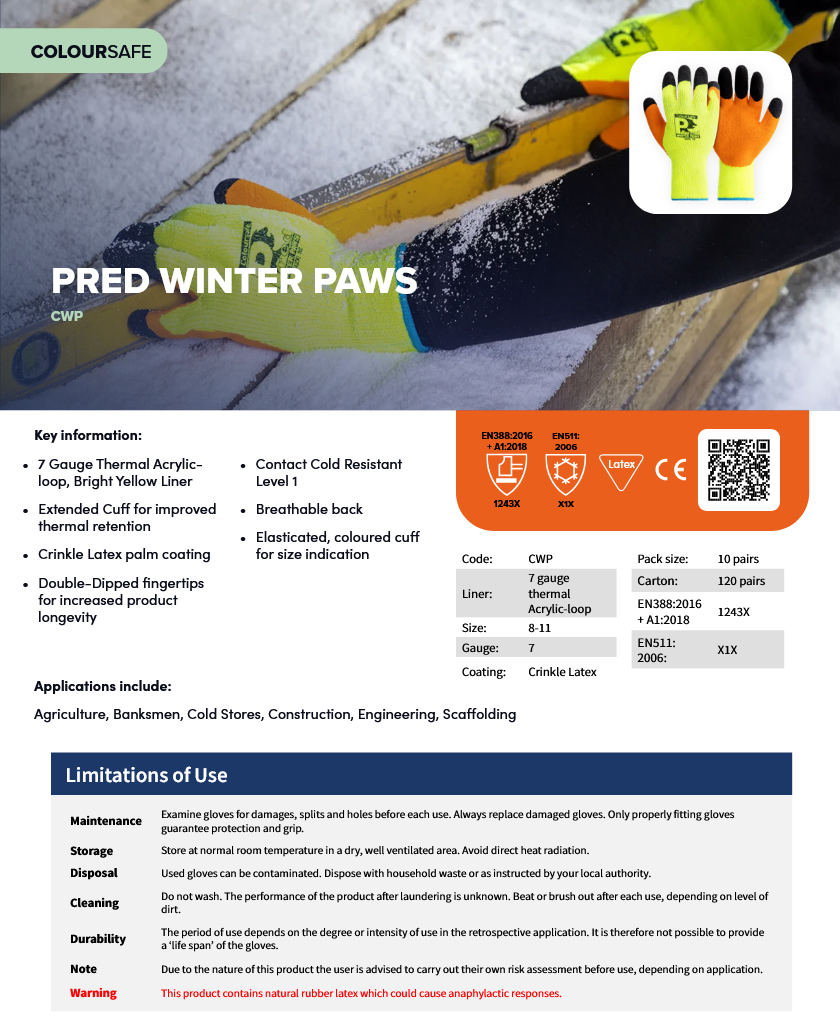 (1) Predator WINTER PAWS 7g Anti-Freeze Winter Worker | Crinkle Latex Coated Gloves