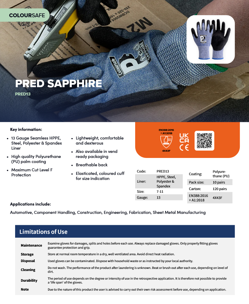 (1) Predator SAPPHIRE 13g Cut-Resistant & Durability Master | Polyurethane Coated Gloves