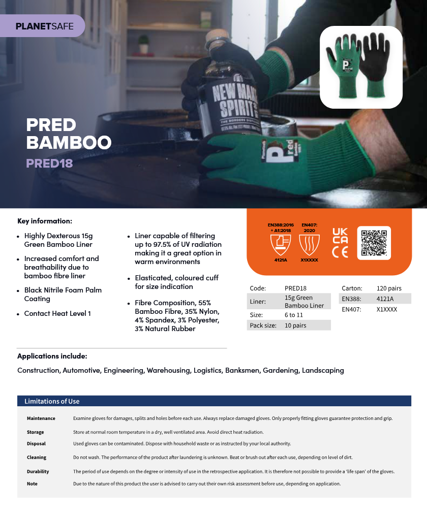(1) Predator BAMBOO 15g Highly Dexterous & UV Cancelling Outdoor Specialist | Nitrile Foam Gloves