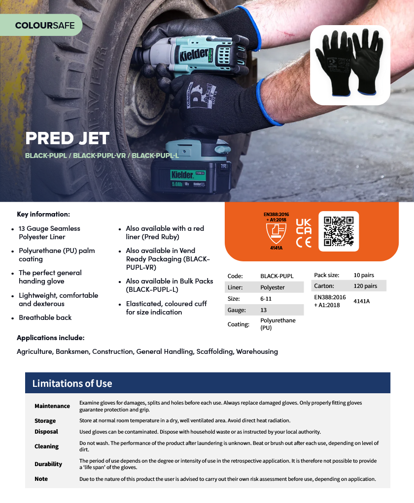 (10) 10 PAIRS of Predator JET 13g Everyday Worker | Polyurethane Coated Gloves