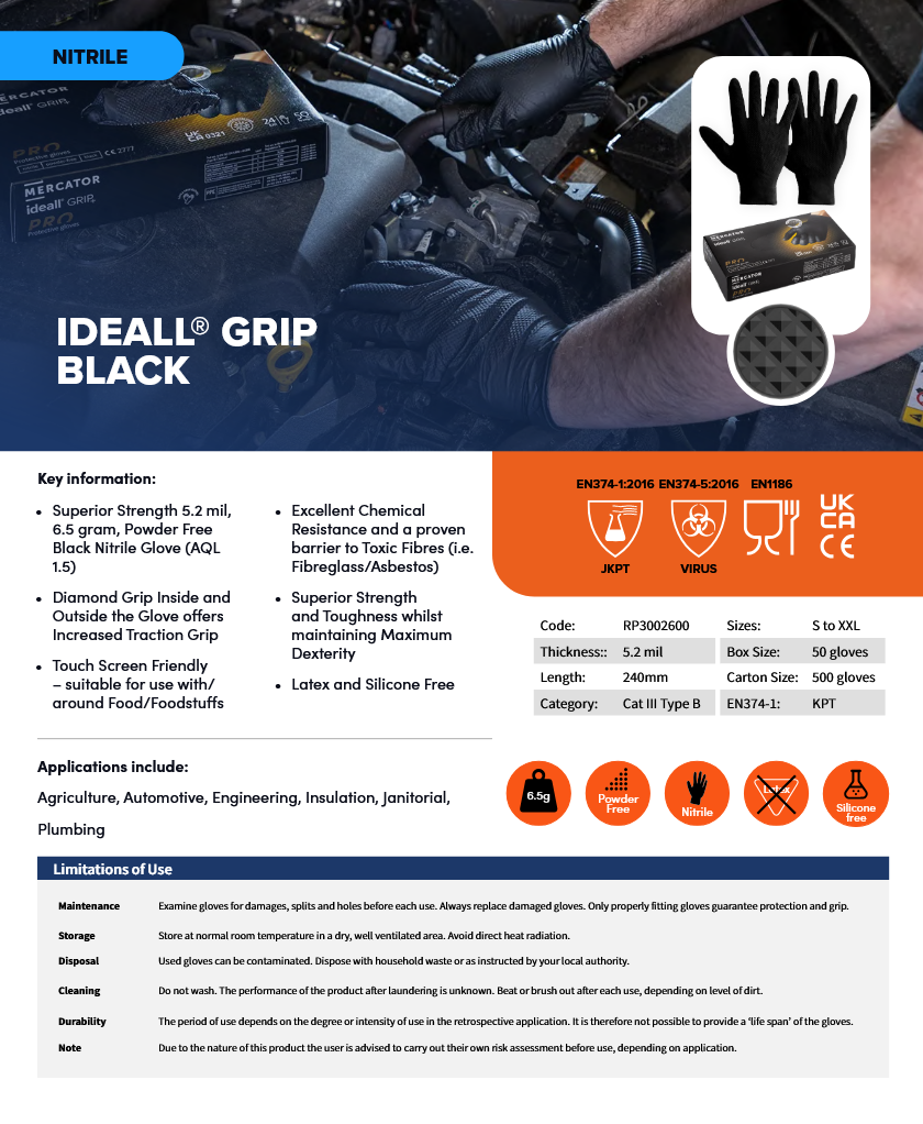 Mercator Ideall GRIP+ 5.2mil Heavy Duty | Black – Advanced Protection & Superior Grip Nitrile Gloves