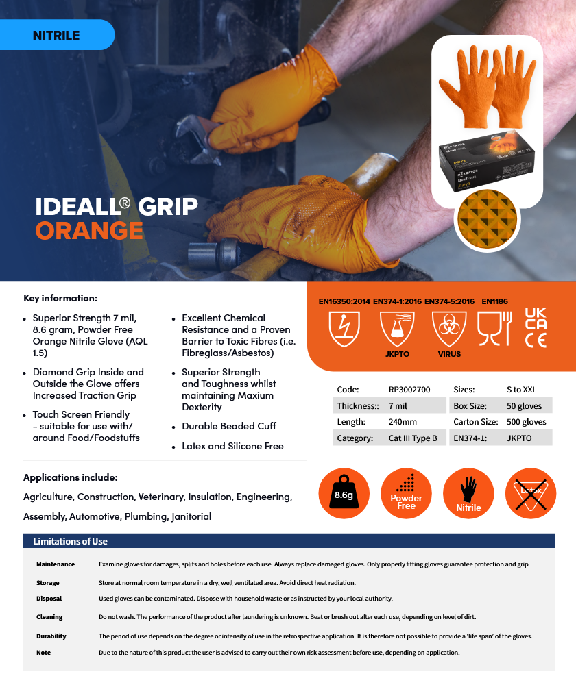 Mercator Ideall GRIP+ 7mil Heavy Duty | Orange – Ultimate Protection & Elite Grip Nitrile Gloves