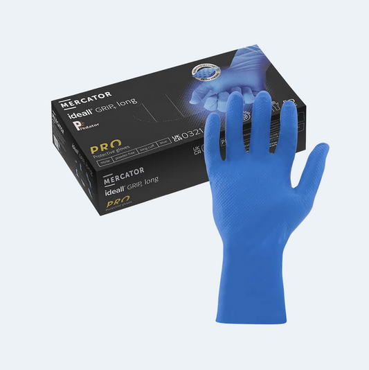 Mercator Ideall GRIP+ 7mil Heavy Duty | Blue LONG CUFF – Ultimate Protection & Elite Grip Nitrile Gloves
