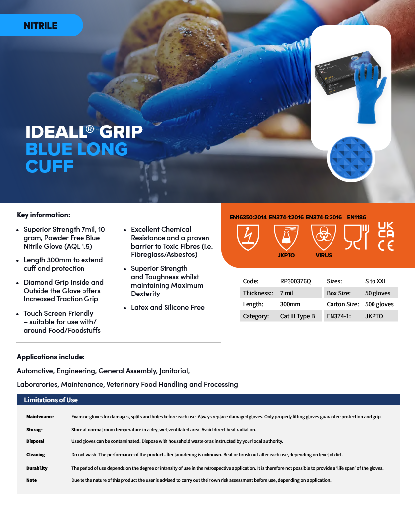 Mercator Ideall GRIP+ 7mil Heavy Duty | Blue LONG CUFF – Ultimate Protection & Elite Grip Nitrile Gloves
