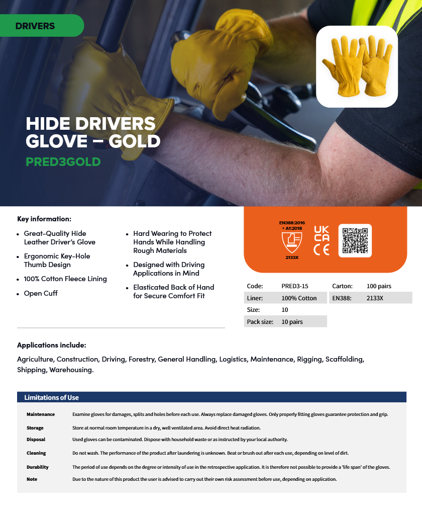 Predator GOLD Drivers Gloves | Premium Hide Leather Work Gloves – Durable Comfort and Everyday Protection