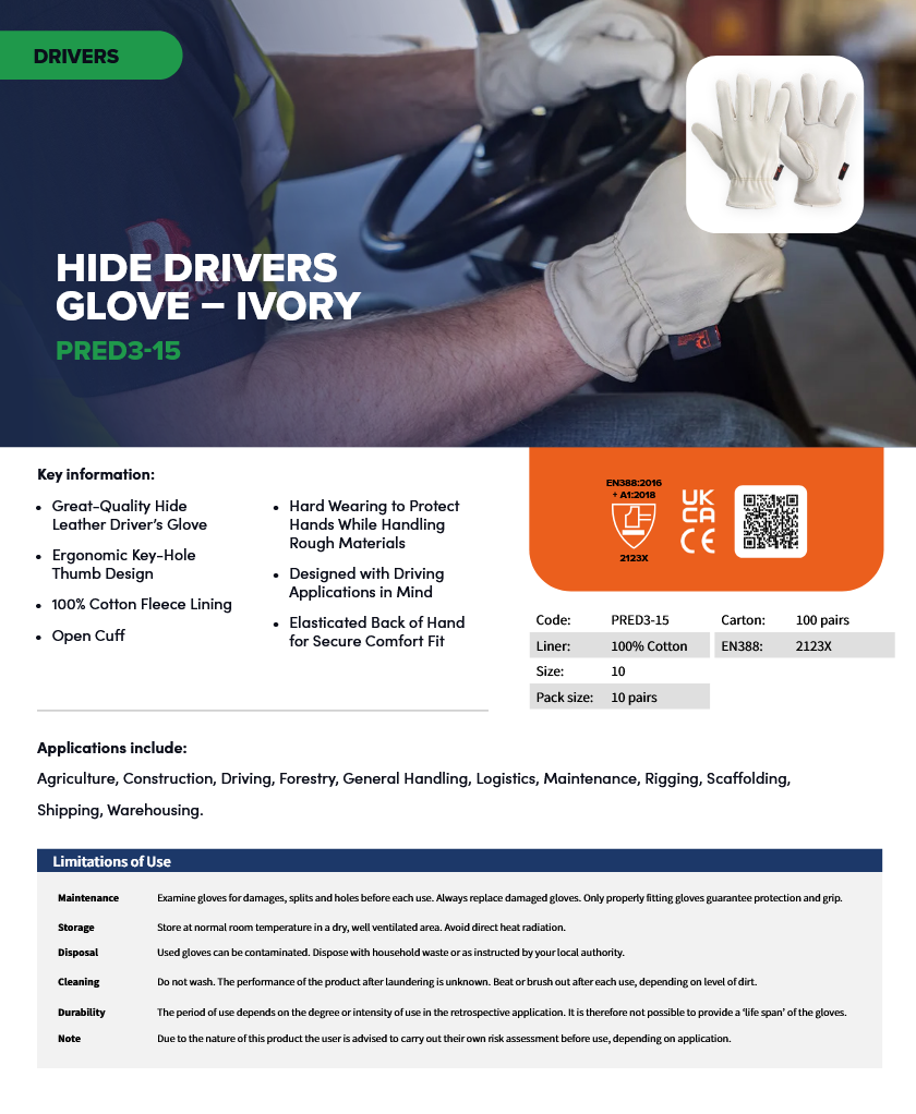 Predator IVORY Drivers Gloves | Premium Hide Leather Work Gloves – Durable Comfort and Everyday Protection