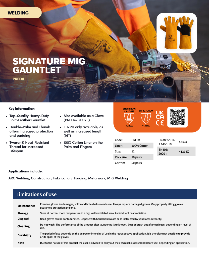 Predator SIGNATURE MIG Gauntlet | Gold – Supreme Quality Split Leather Heavy Duty Welding Gloves