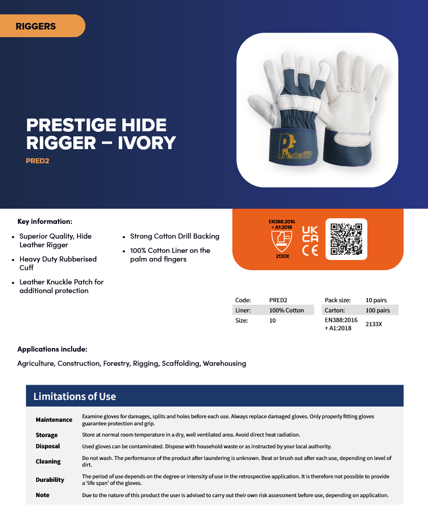 Predator PRESTIGE Rigger | Ivory – Supreme Quality Split Leather Rigger Gloves