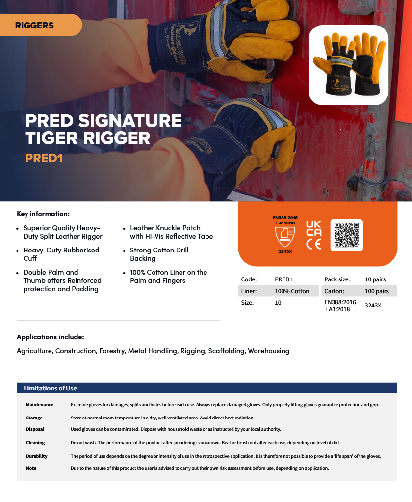 Predator SIGNATURE TIGER Rigger | Gold – Supreme Quality Split Leather Rigger Gloves