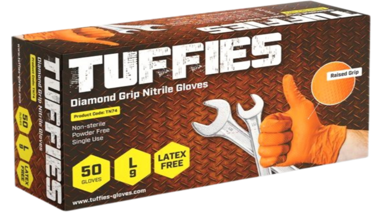 Tuffies DIAMOND GRIP | Orange – 8mil Heavy-Duty Protection & Maximum Grip Nitrile Gloves