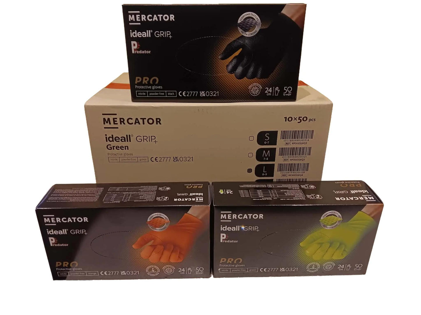 Mercator Ideall GRIP+ 3 BOXES - Premium Diamond Grip Nitrile Gloves | Sizes M, L, XL | Black • Orange •  Green