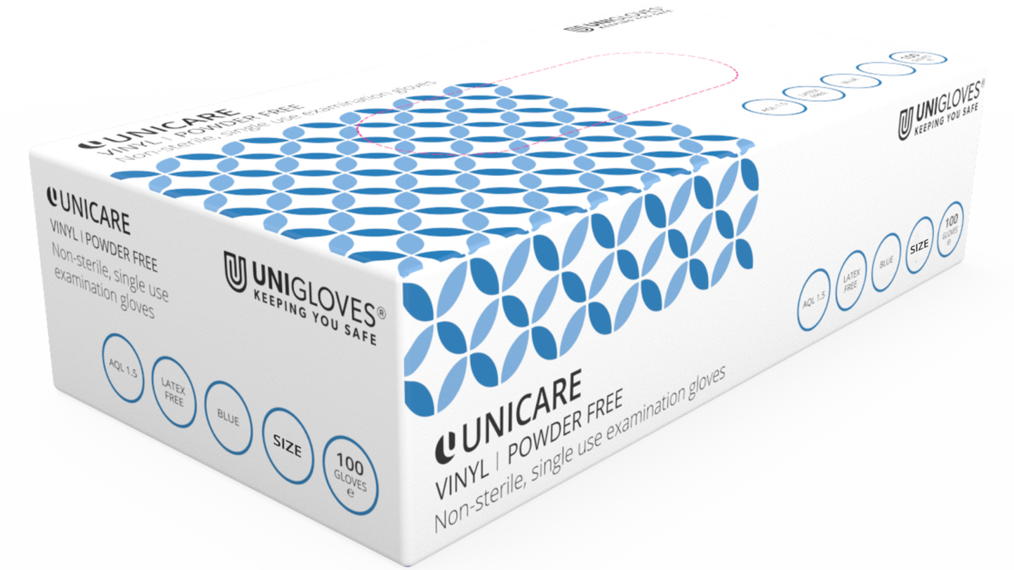 Blue Unigloves UNICARE SOFT Vinyl Powder Free Saloon/Hairdressing Gloves (4mil)