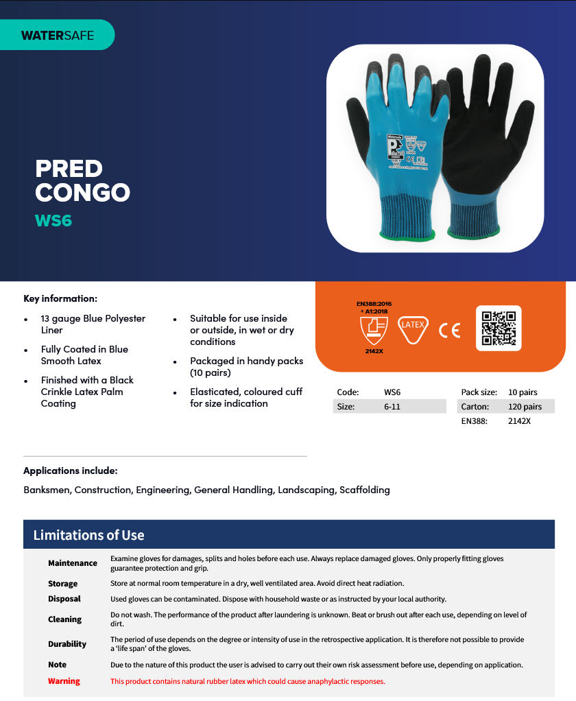 Predator CONGO | Blue Smooth & Crinkle Latex Coated Gloves – Durable Waterproof Protection