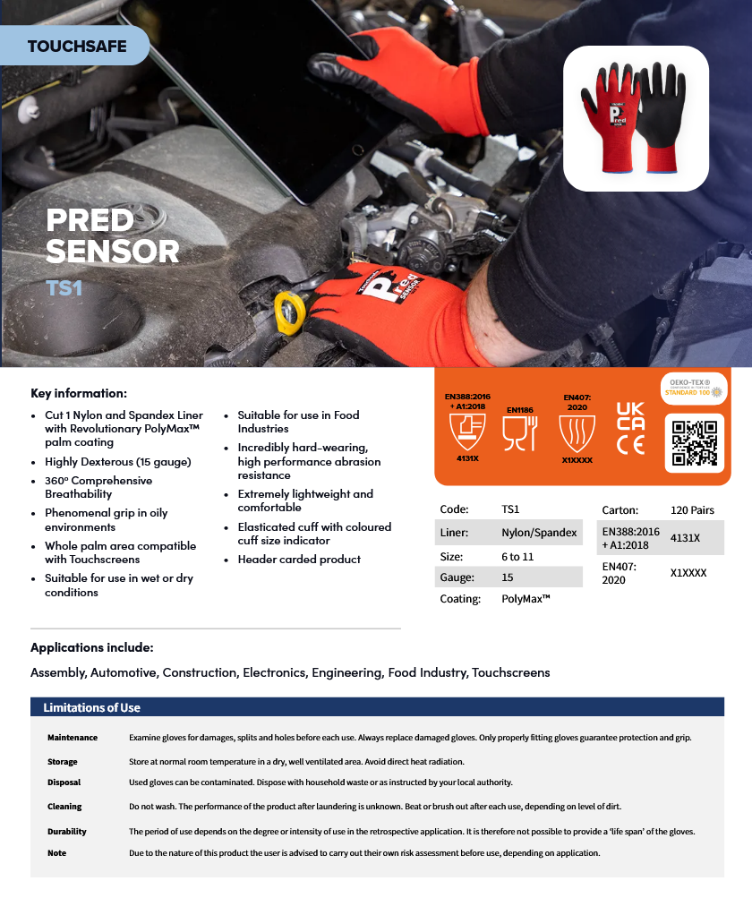 (1) Predator SENSOR 15g Food Safe & Touchscreen Precision | Polymax Palm Coated Gloves