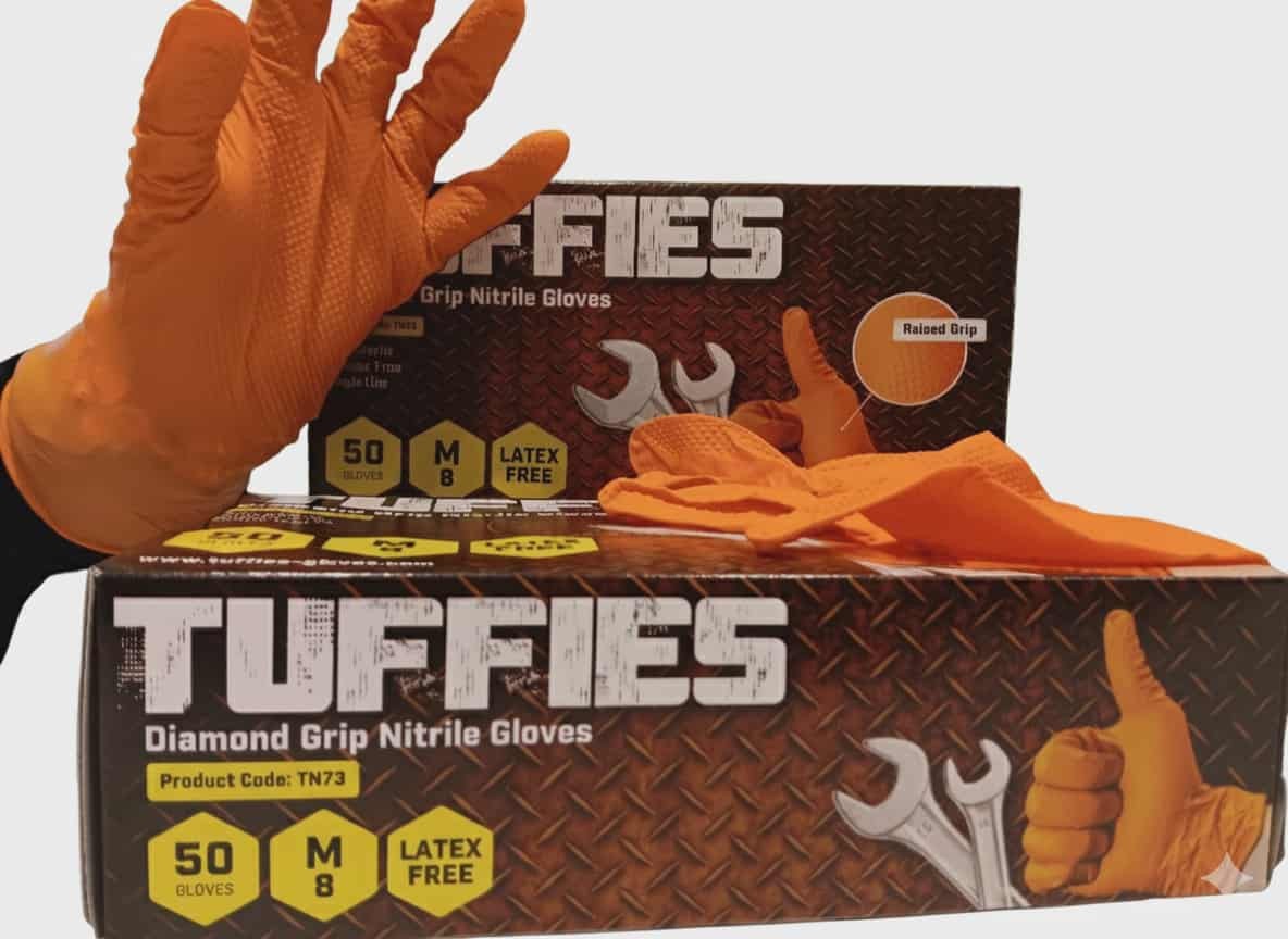 Tuffies DIAMOND GRIP | Orange – 8mil Heavy-Duty Protection & Maximum Grip Nitrile Gloves