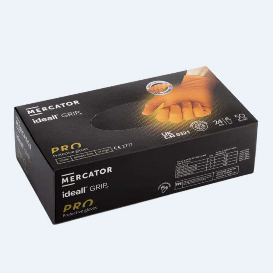 Mercator Ideall GRIP+ 3 BOXES - Premium Diamond Grip Nitrile Gloves | Sizes M, L, XL | Black • Orange •  Green