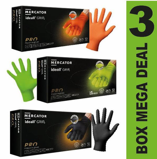 Mercator Ideall GRIP+ 3 BOXES - Premium Diamond Grip Nitrile Gloves | Sizes M, L, XL | Black • Orange •  Green